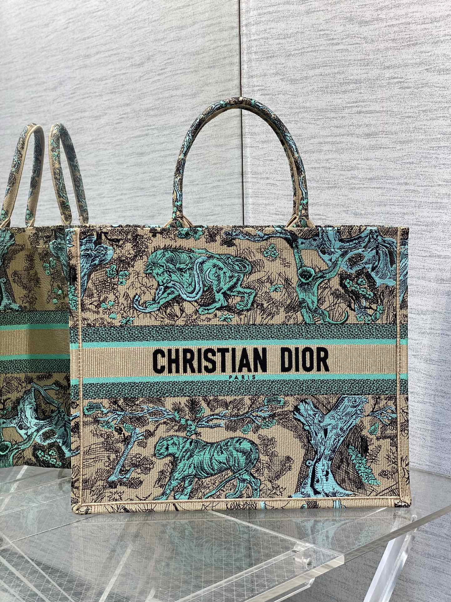 Large Dior Book Tote Bag Raffa with Aquamarina Toile de Jouy Sauvage Embroidery